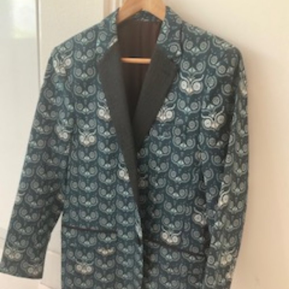 Mr. Turk Jacquard Green Owl Print Tuxedo Jacket Size 40